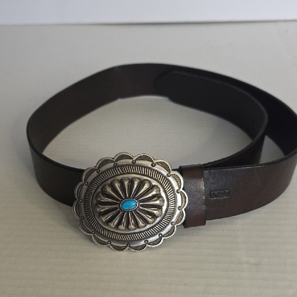 Ralph Lauren Accessories - Ralph Lauren Brown Leather Belt with Silver and Turquoise Buckle